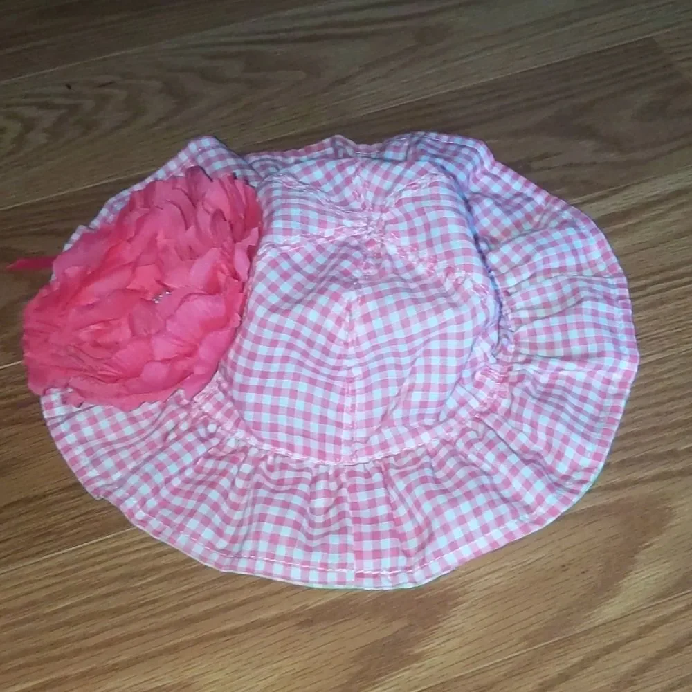 Mudpie pink green gingham flower sun hat Sz 0-12 m NWT